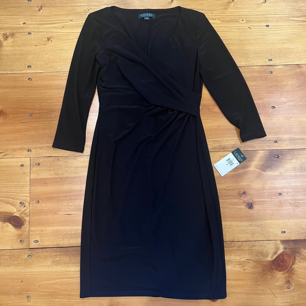 Lauren Ralph Lauren Black Faux Wrap Ruched Sheath Dress 3/4 Sleeve Size 4 NEW - Picture 3 of 9